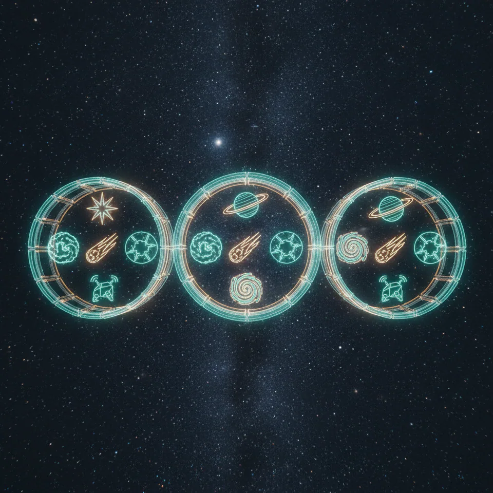 Corridor Reels — three constellation signal-array reels in deep space